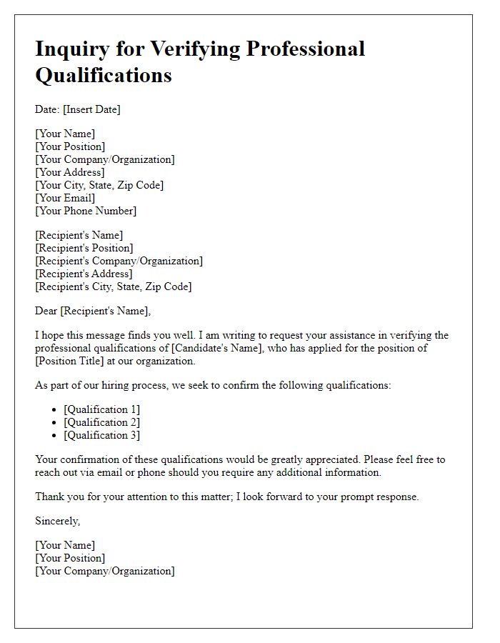 Letter template of inquiry for verifying professional qualifications