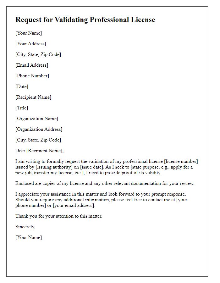 Letter template of request for validating professional license