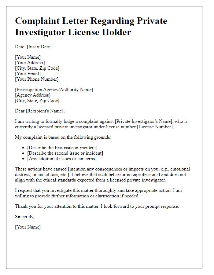 Letter template of complaint about private investigator license holder