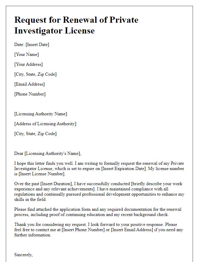 Letter template of renewal request for private investigator license