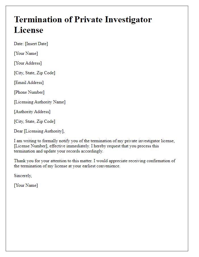 Letter template of termination of private investigator license