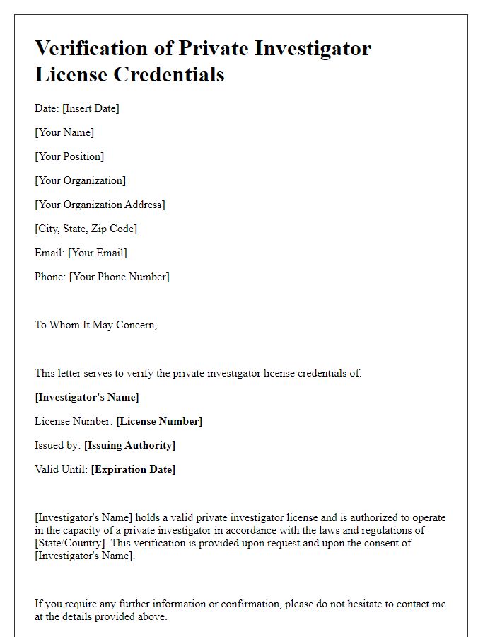 Letter template of verification of private investigator license credentials