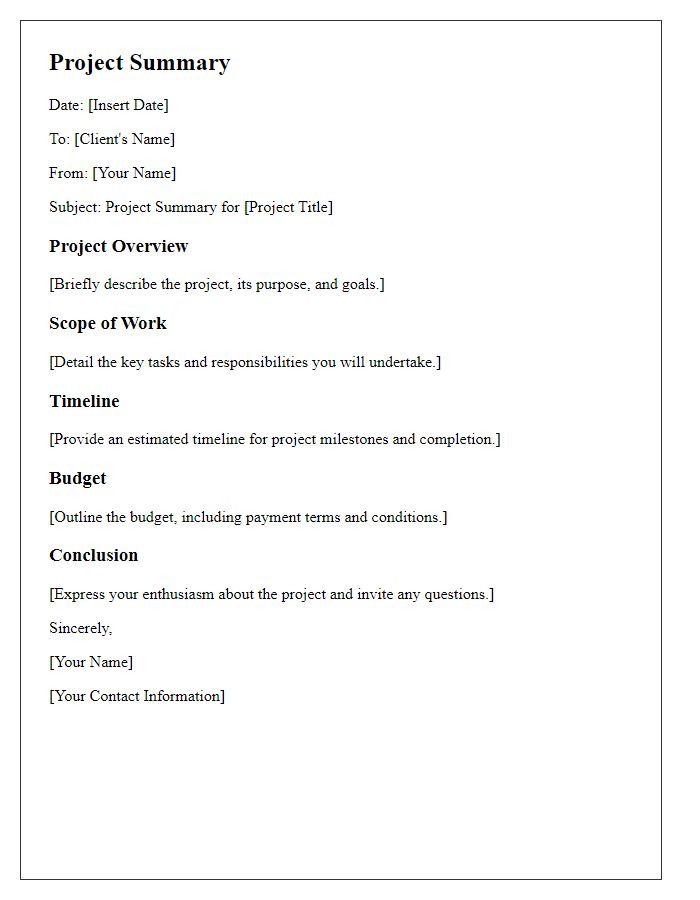 Letter template of project summary for freelance submission