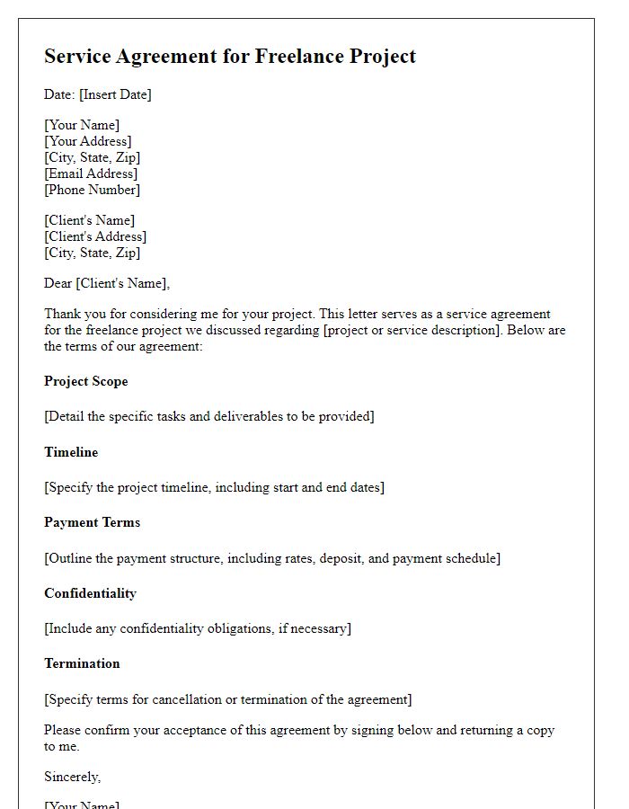 Letter template of service agreement for freelance project discussion