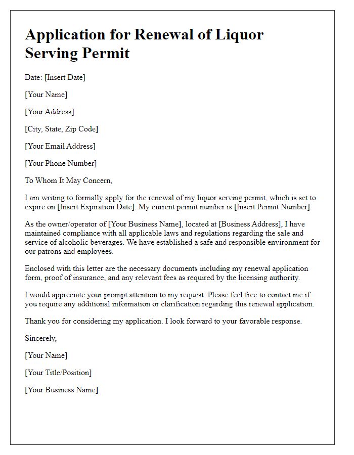 Letter template of application for renewing liquor serving permit