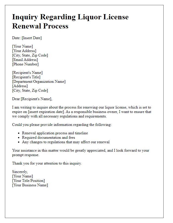 Letter template of inquiry regarding liquor license renewal process