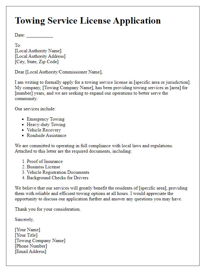 Letter template of towing service license application for area-specific services.