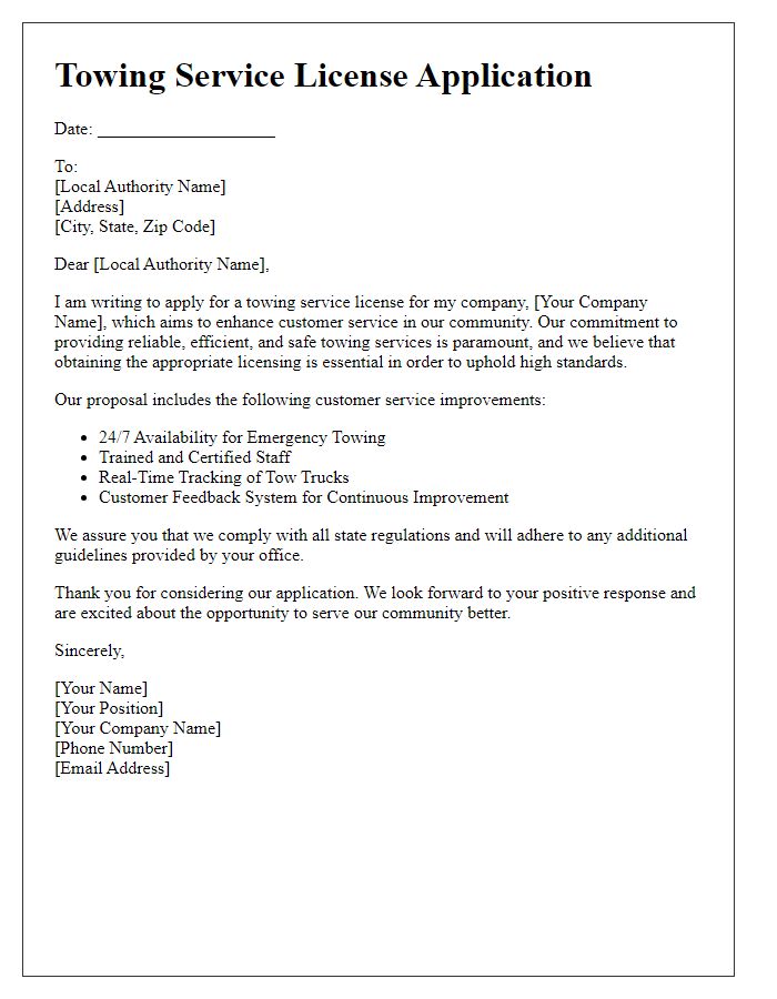 Letter template of towing service license application for customer service improvement proposal.