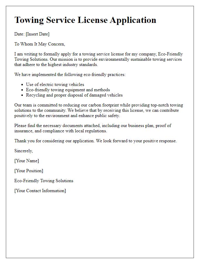 Letter template of towing service license application for eco-friendly towing solutions.