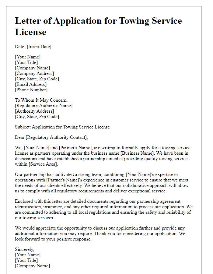 Letter template of towing service license application for a partnership setup.