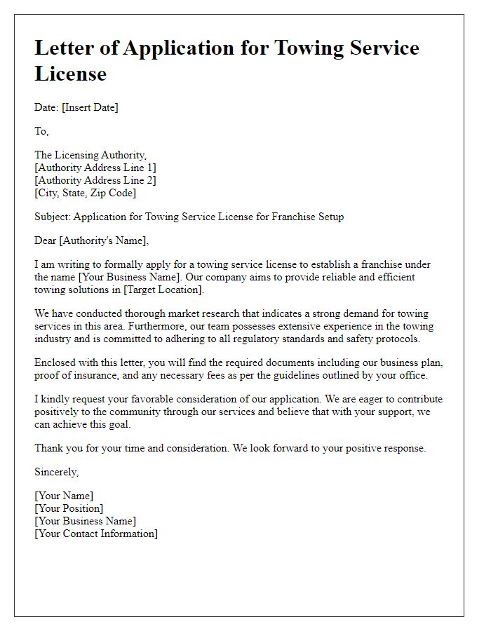 Letter template of towing service license application for setting up a franchise.