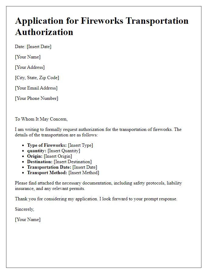 Letter template of application for fireworks transportation authorization