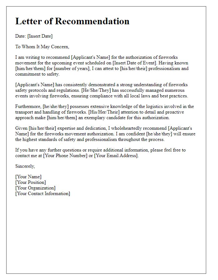 Letter template of recommendation for fireworks movement authorization