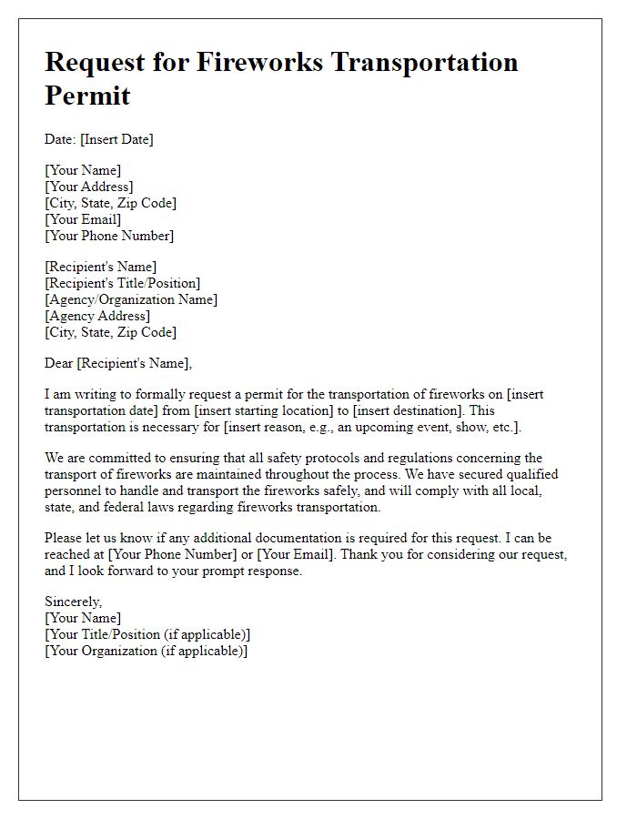 Letter template of request for fireworks transportation permit