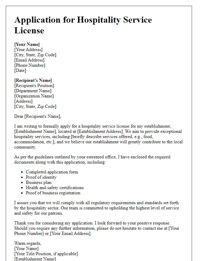 Letter template of application for hospitality service license