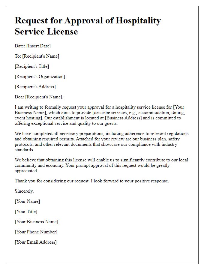 Letter template of approval request for hospitality service license