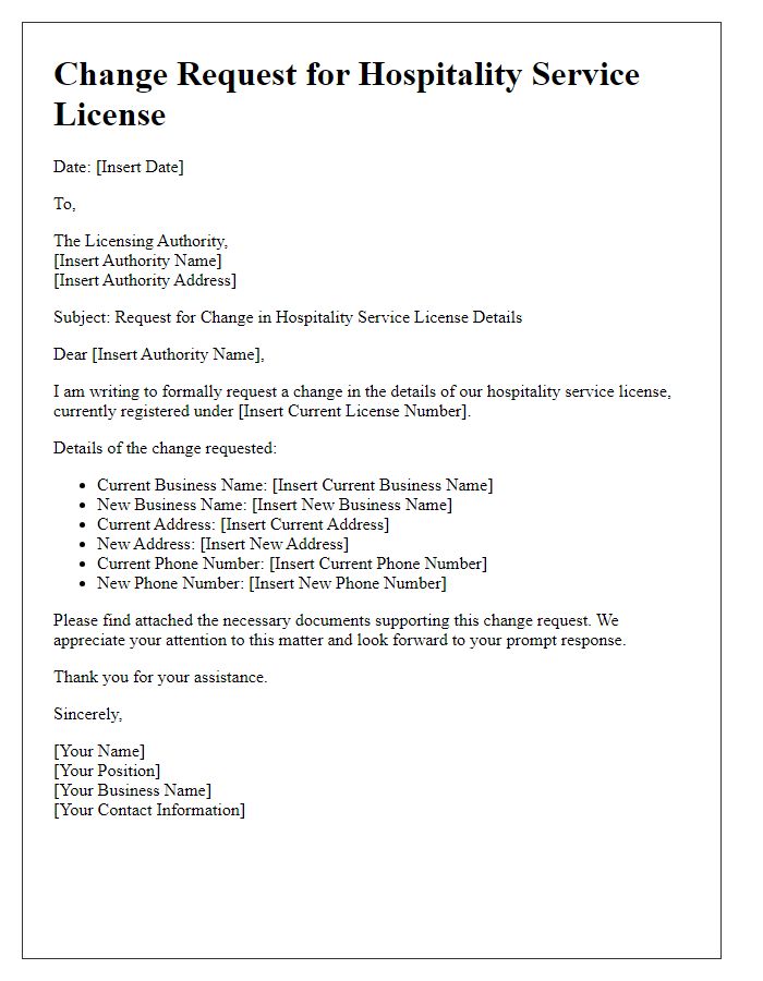 Letter template of change request for hospitality service license details