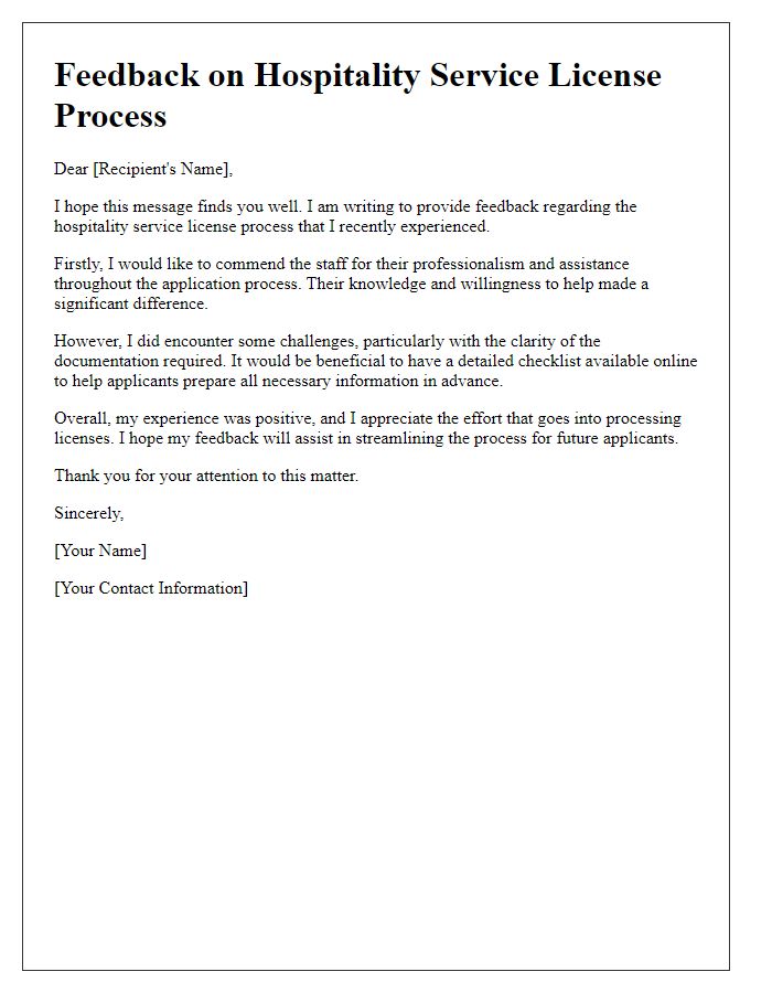 Letter template of feedback on hospitality service license process