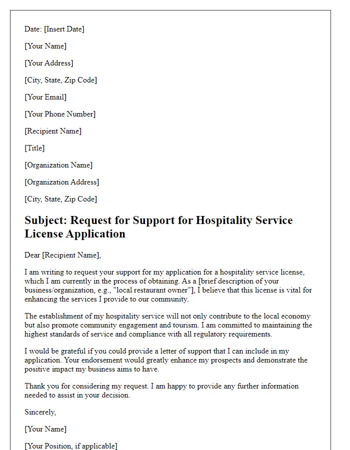 Letter template of support request for hospitality service license application