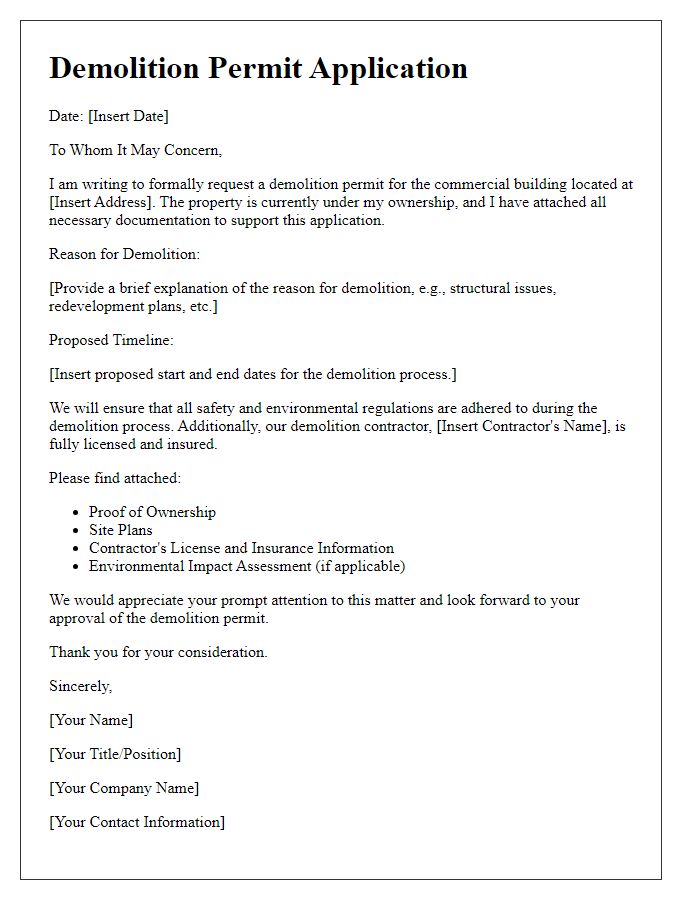 Letter template of demolition permit application for commercial building.