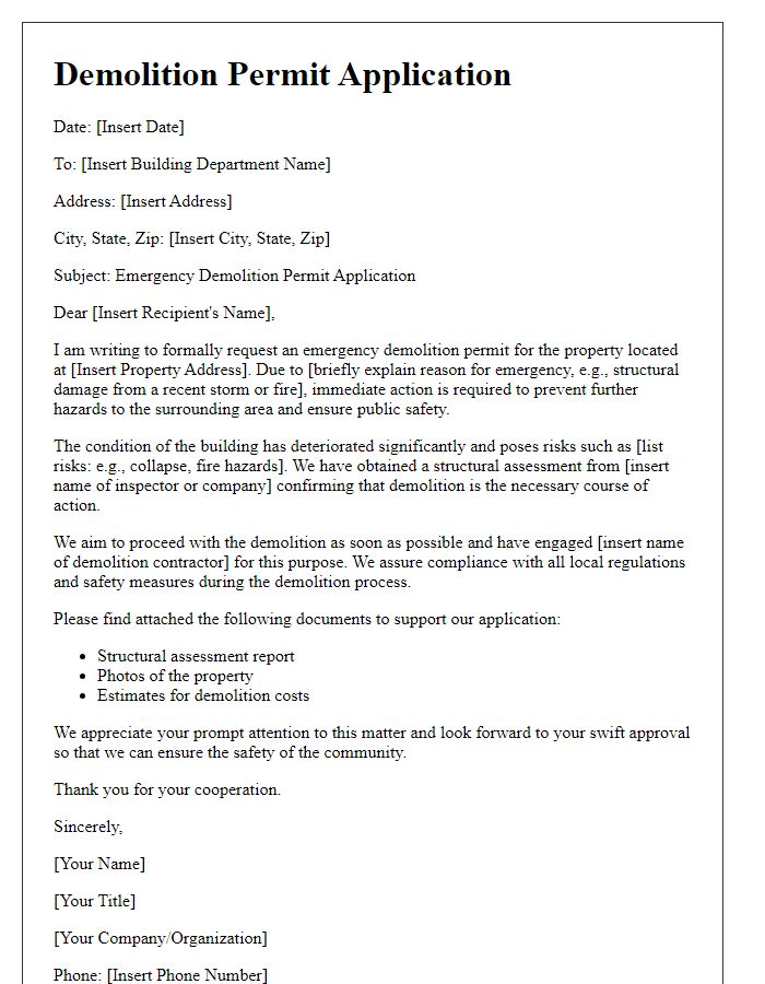 Letter template of demolition permit application for emergency teardown.