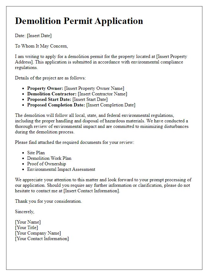 Letter template of demolition permit application for environmental compliance.