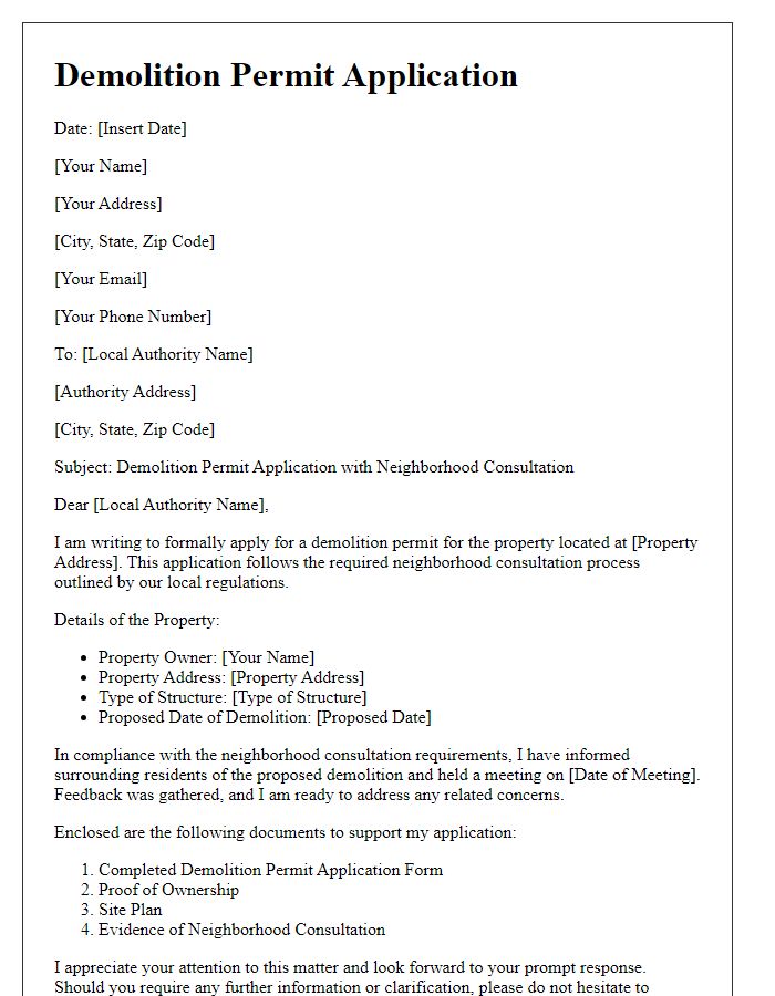 Letter template of demolition permit application with neighborhood consultation.