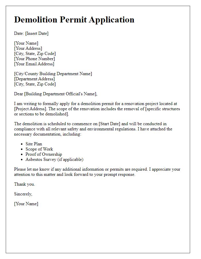 Letter template of demolition permit application for renovation project.