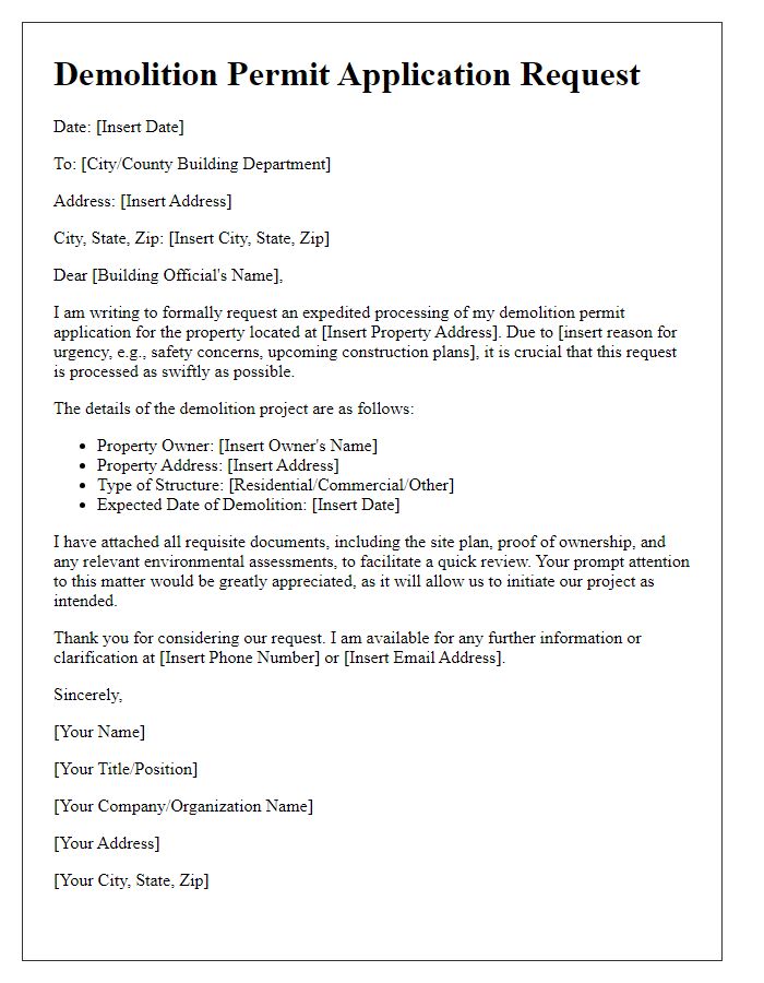 Letter template of demolition permit application requesting expedited processing.