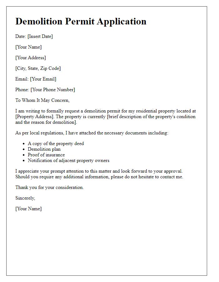 Letter template of demolition permit application for residential property.