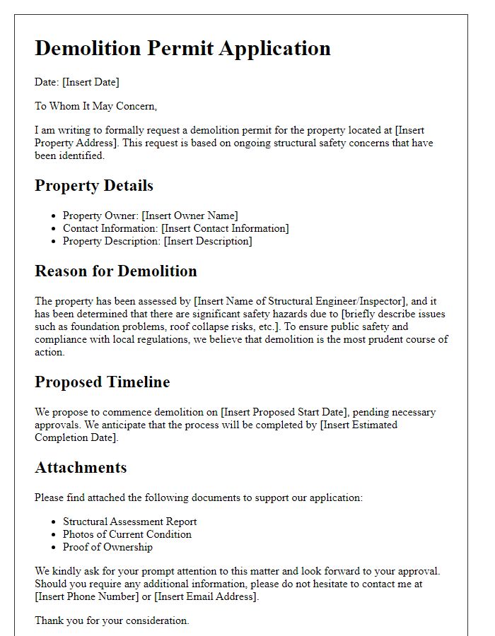 Letter template of demolition permit application for structural safety concerns.