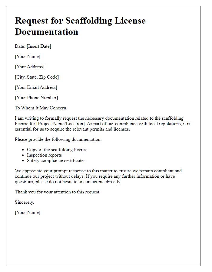 Letter template of scaffolding license documentation request