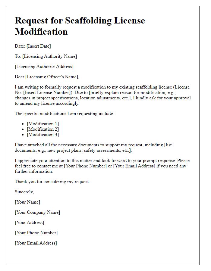 Letter template of scaffolding license modification request