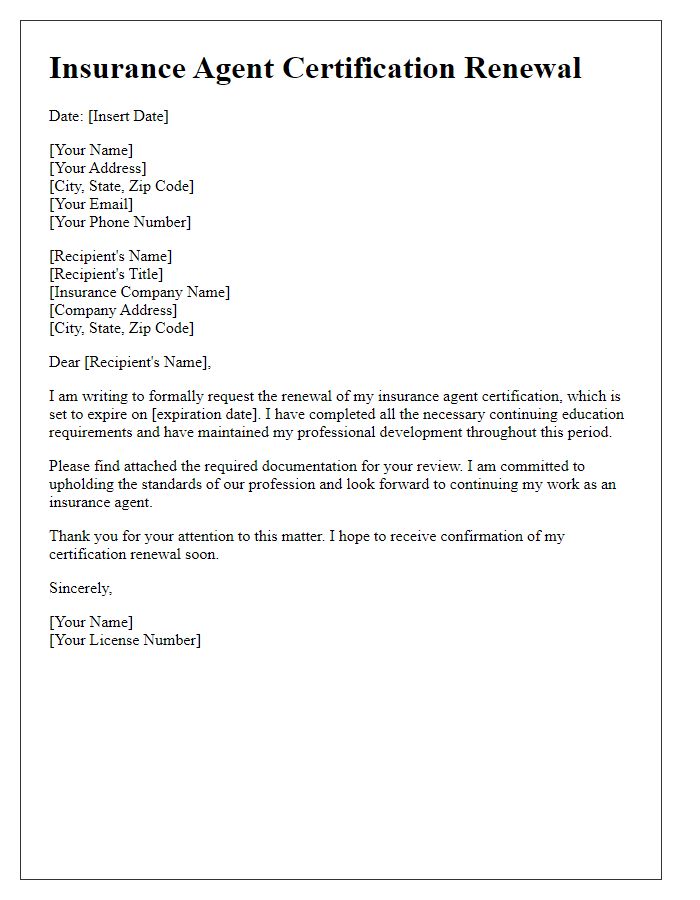 Letter template of insurance agent certification renewal