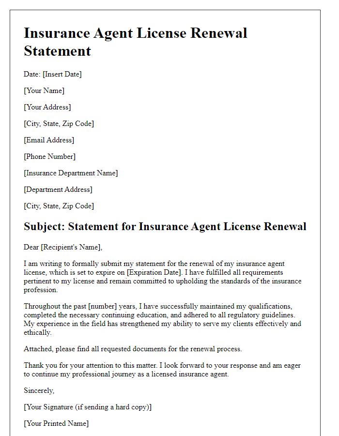 Letter template of statement for insurance agent license renewal