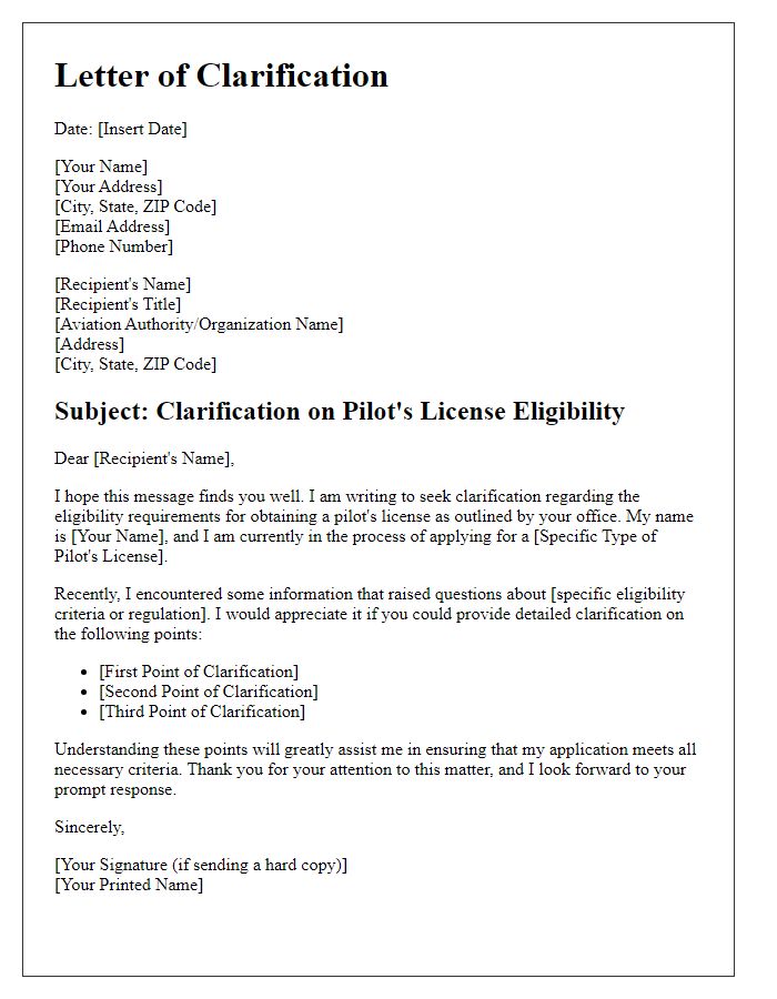 Letter template of clarification on pilots license eligibility