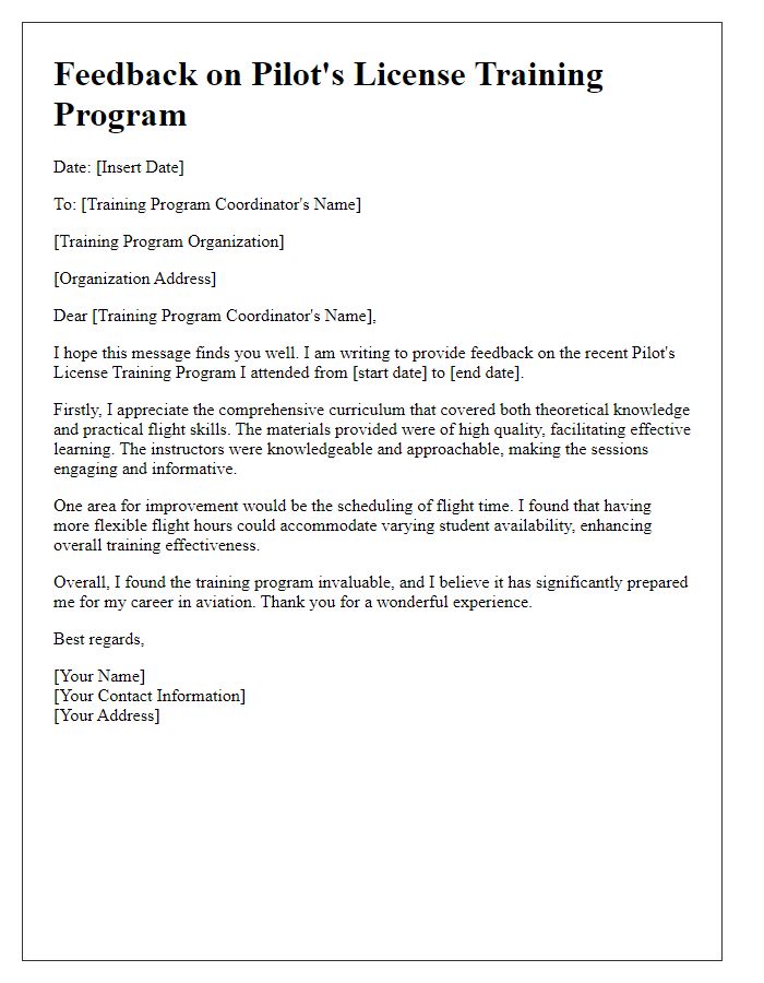 Letter template of feedback on pilots license training program