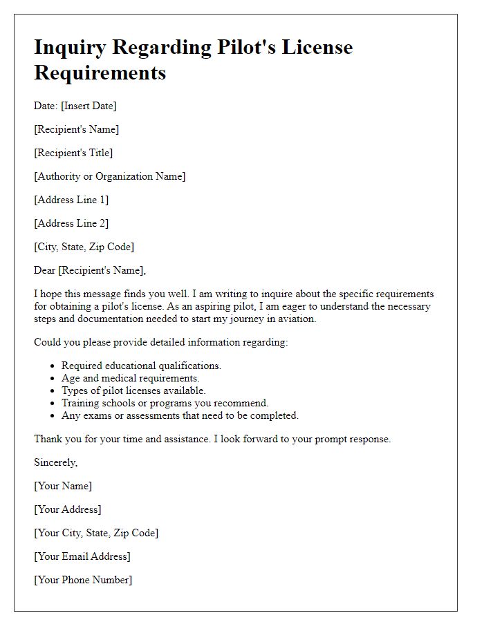 Letter template of inquiry regarding pilots license requirements