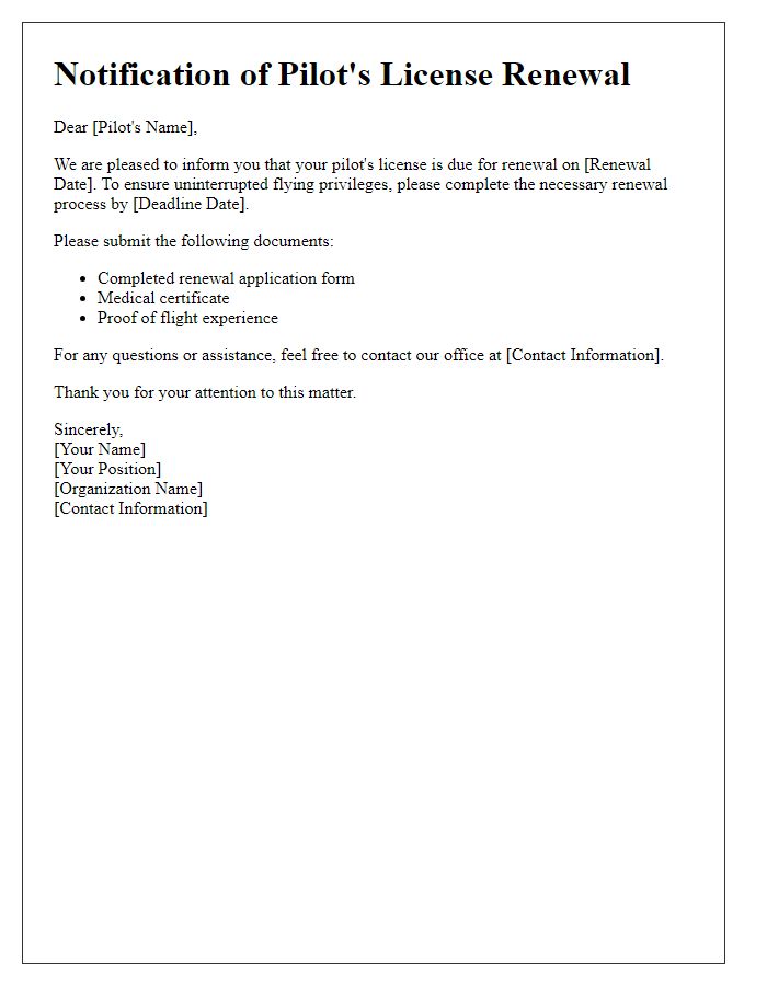Letter template of notification about pilots license renewal