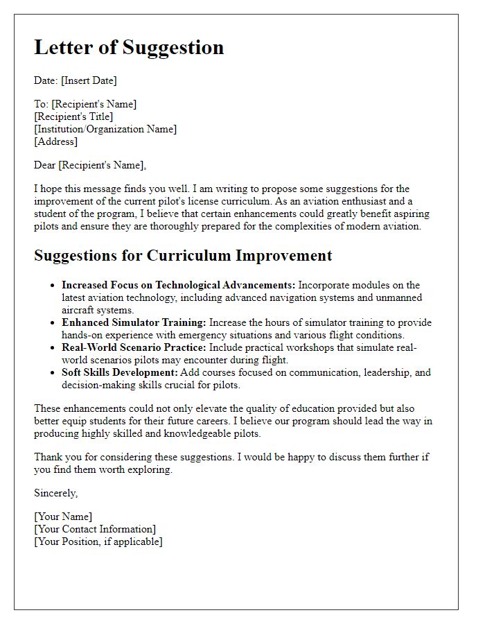 Letter template of suggestion for pilots license curriculum improvement