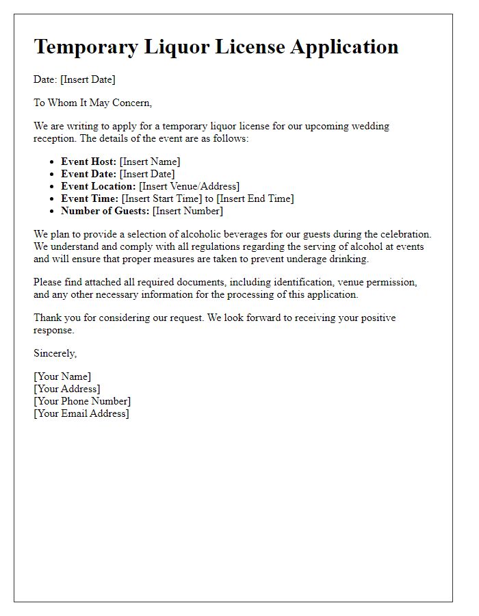 Letter template of temporary liquor license application for wedding receptions