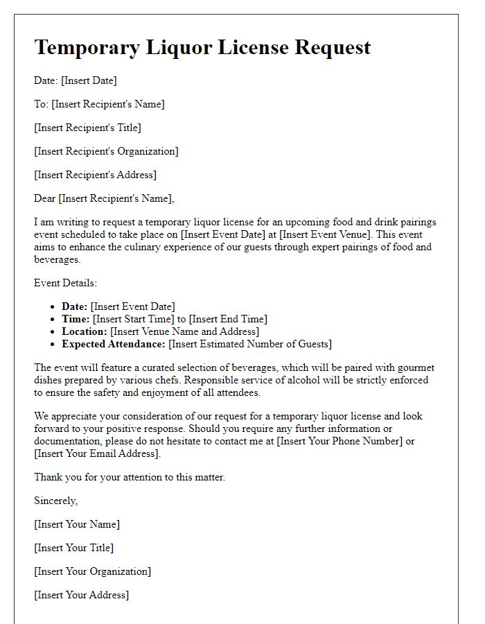 Letter template of temporary liquor license request for food and drink pairings event