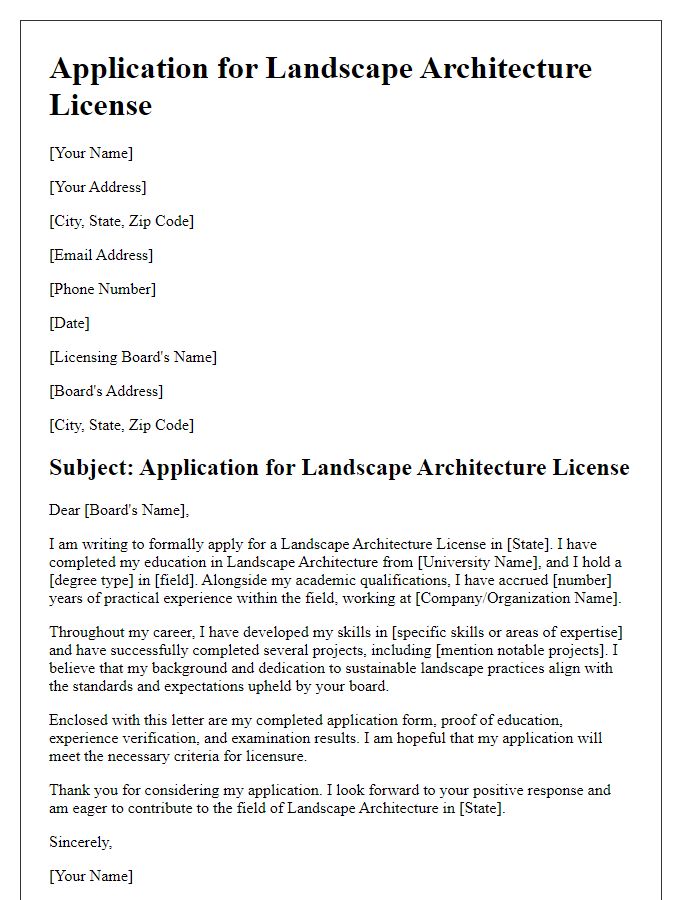 Letter template of application for landscape architecture license