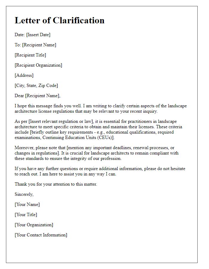 Letter template of clarification on landscape architecture license regulations