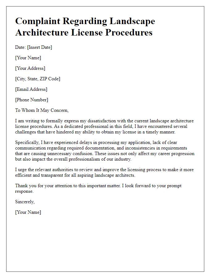 Letter template of complaint regarding landscape architecture license procedures