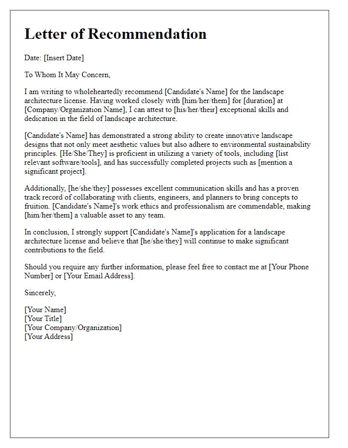 Letter template of recommendation for landscape architecture license