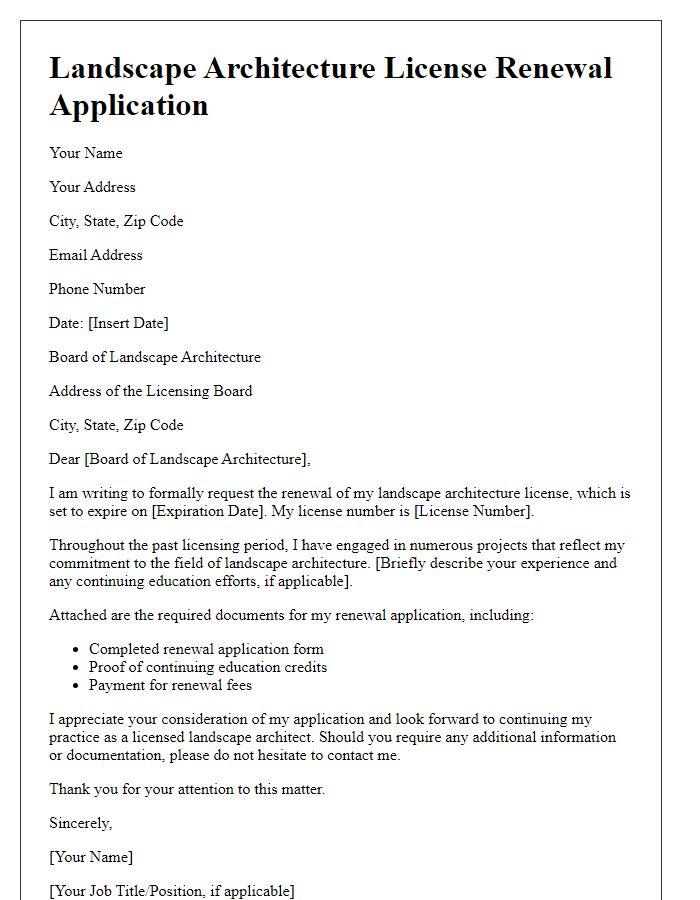 Letter template of renewal for landscape architecture license application