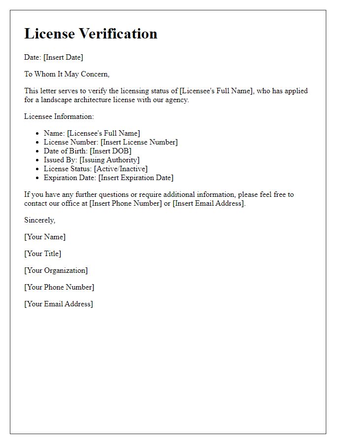 Letter template of verification for landscape architecture license status