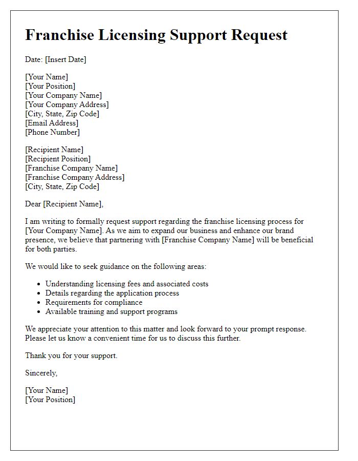 Letter template of franchise licensing support request