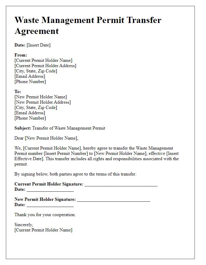 Letter template of agreement for waste management permit transfer